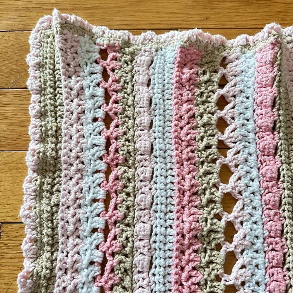 Hand Knit Baby Afghan Tan, White & Pink